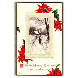 Vintage Embossed Christmas Postcard Poinsettias & Winter Cabin Scene